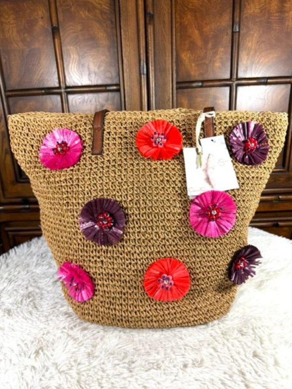 Jessica Simpson Raffia Straw 3D Beaded Floral Feather St. Pete Toast Pink Tote